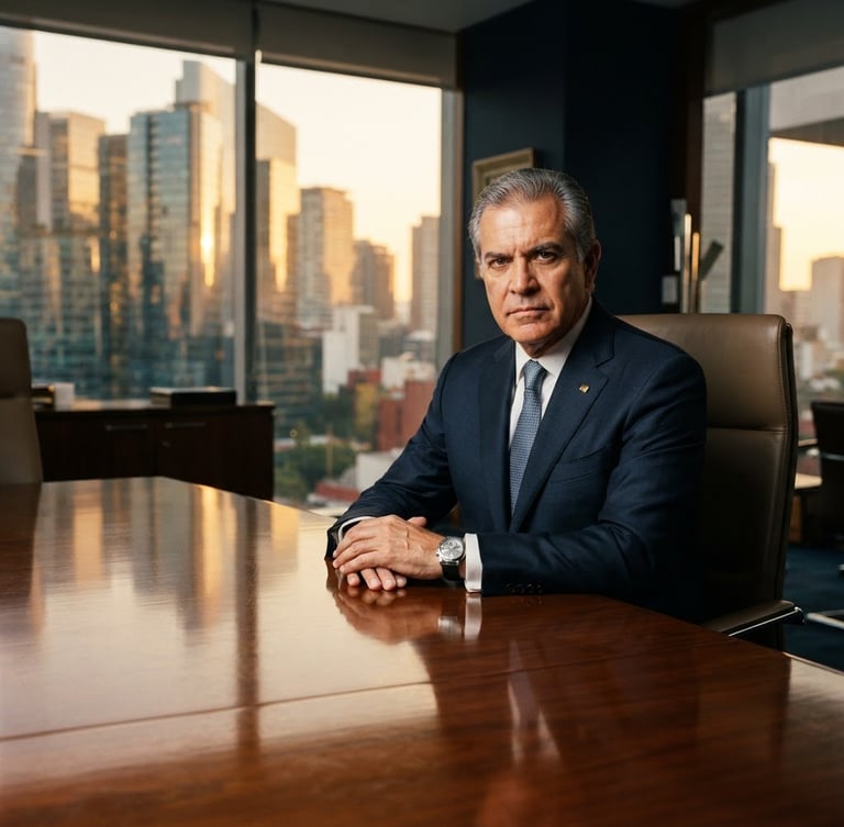 Retrato corporativo del Lic. Guillermo Ramos Cuellar en una sala de juntas ejecutiva de alto nivel, iluminación dramática, reflejos dorados en la mesa de madera pulida, enfoque en autoridad y seriedad.