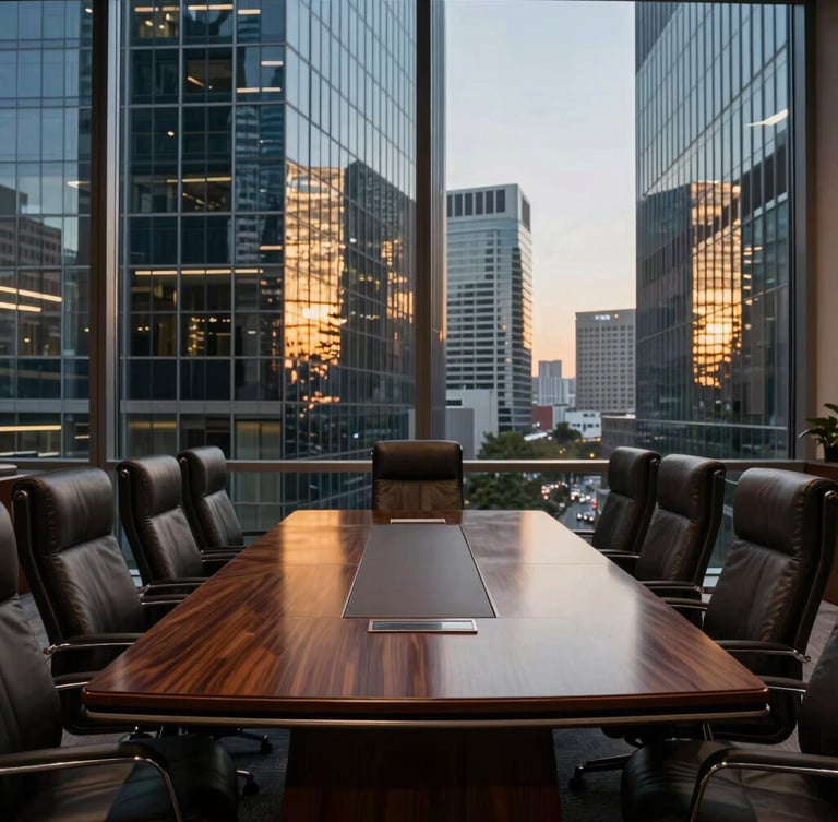 High-end executive boardroom with polished dark wood table, leather chairs, and soft, dramatic corporate lighting, wide-angle, 35mm