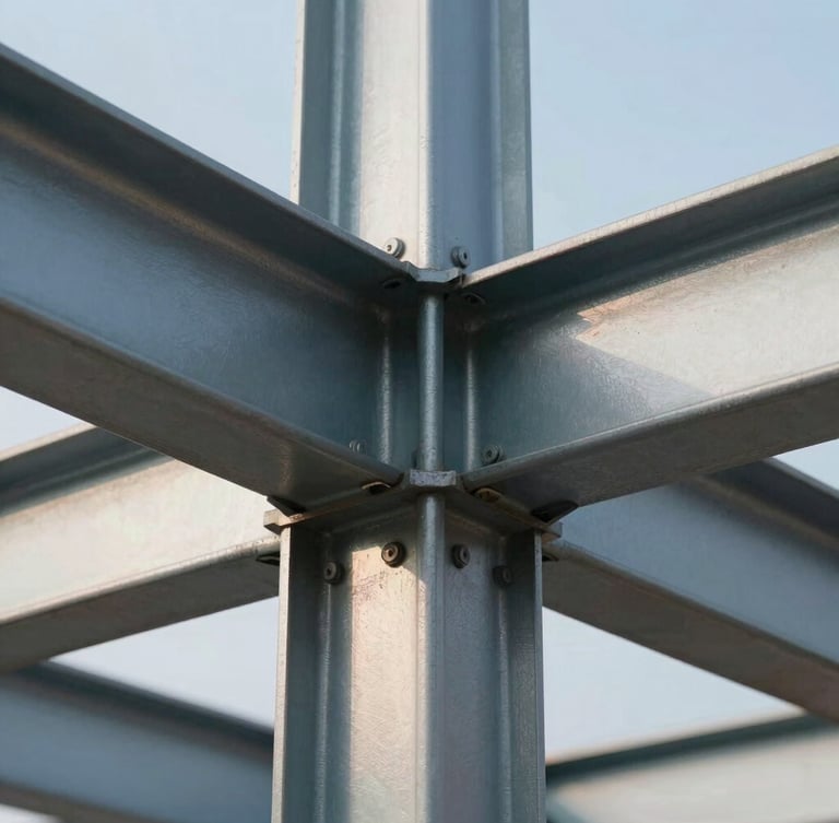 Macro close-up of a timber-steel structural joint, clean engineering lines, cool morning light, high-precision architectural detail.