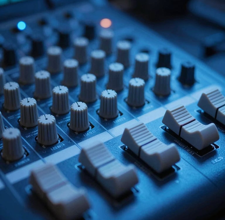 Macro photograph of a professional audio mixing console and clean ethernet connectors, soft blue neon lighting, dark studio background, high technical precision, 35mm