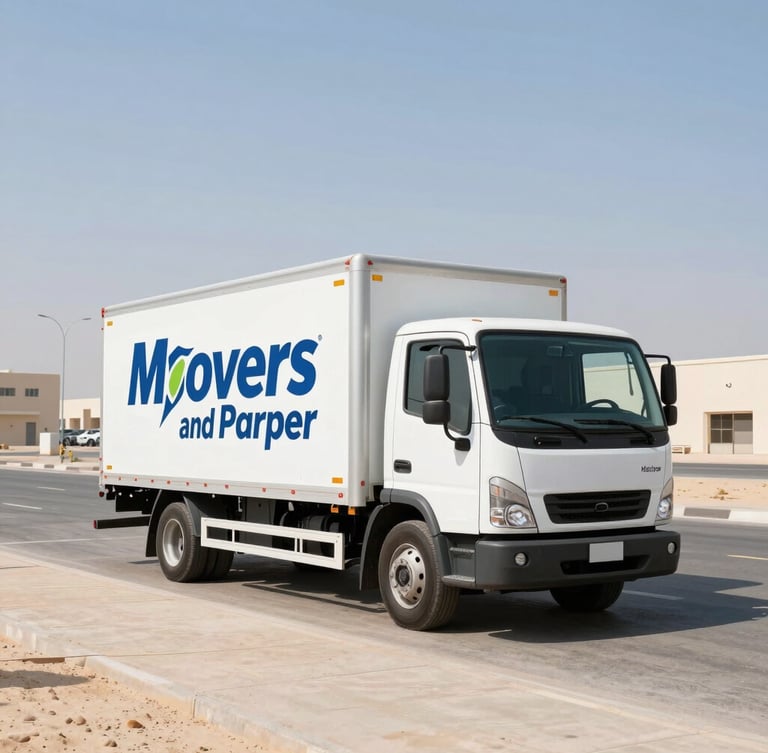 Straight-on wide-angle shot of a clean, branded Movers and Packers Cargo truck parked in Dubai Production City, bright midday desert sunlight, sharp focus