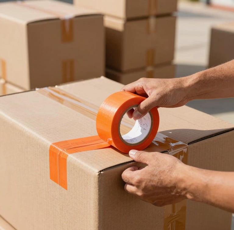 Tight close-up of hands applying high-visibility orange packing tape to neatly stacked uniform double-wall moving boxes, bright warehouse lighting, sharp focus.