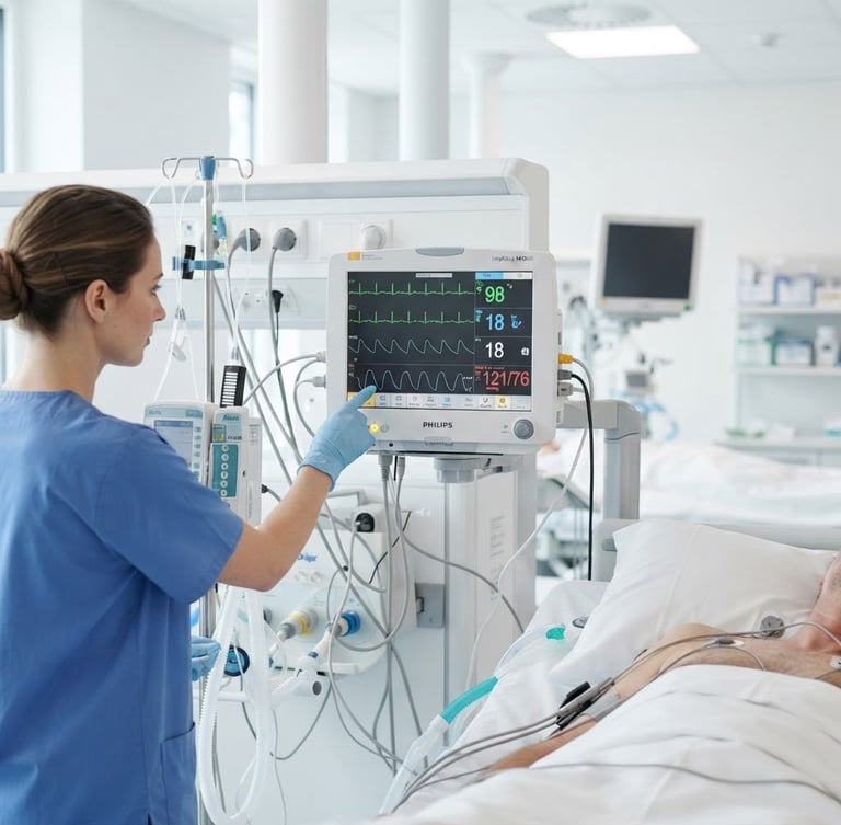 Bright high-key medical photography of a modern clinical environment with a sharp focus on advanced patient monitoring devices, sterile blue and white tones, sharp focus, 50mm