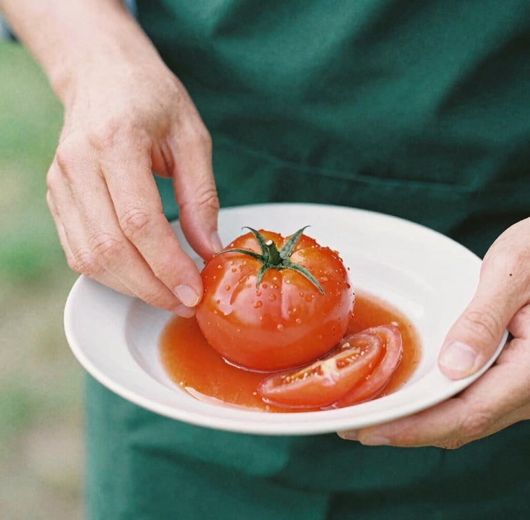 Close-up of hands carefully plating a vibrant heirloom tomato dish, soft natural daylight, shallow depth of field, 35mm film style