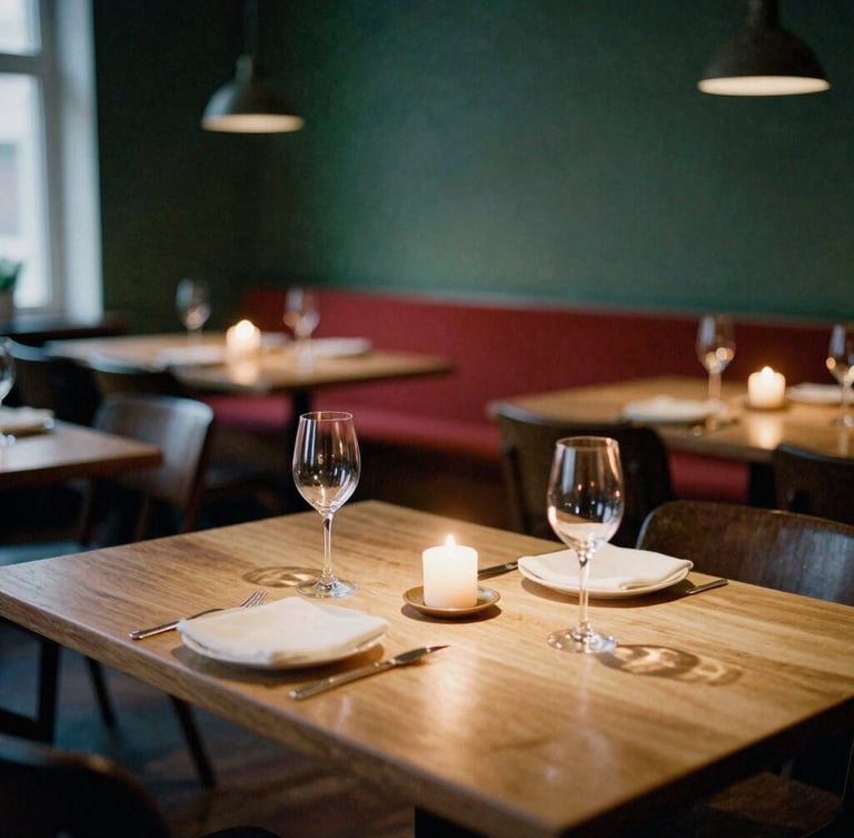 Cozy Scandinavian restaurant dining room at dusk, warm candle light on oak tables, soft shadows, empty wine glasses reflecting natural daylight, 35mm film.