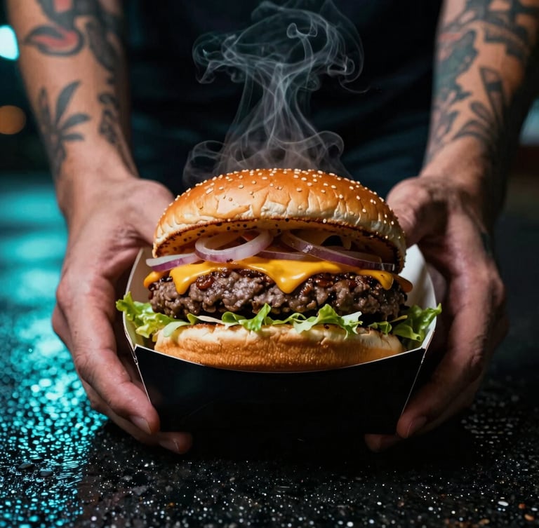 Extreme close-up of a steaming hot burger in custom black packaging held by hands with tattoos, illuminated by a sharp cyan neon light reflection on wet asphalt, dramatic night photography