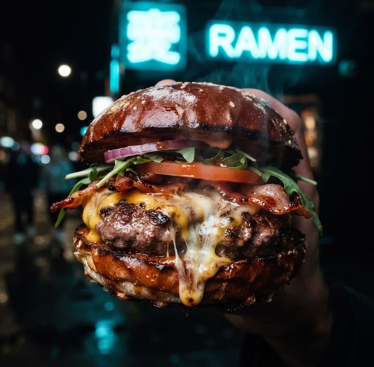 Extreme close-up of a steaming hot burger with melting organic cheese under a vibrant cyan neon street light, high contrast, dark-mode street style, 35mm film