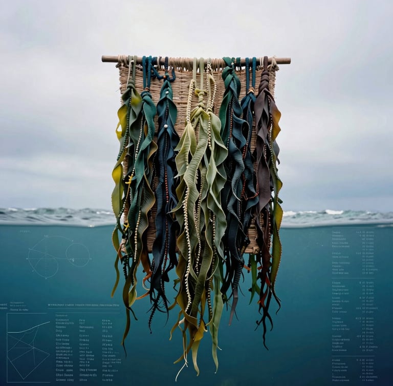Fine art photography of a hand-woven kelp tapestry paired with scientific data plots overlaid, deep oceanic tones, 35mm.