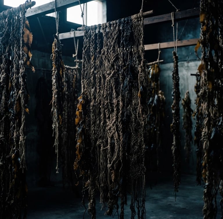 A high-contrast fine art installation of woven kelp tapestries hanging in a low-key lit gallery, deep oceanic blue shadows, 35mm photography