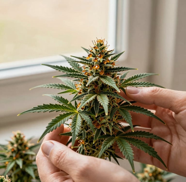 Close-up of beautifully manicured cannabis flower showing amber trichomes, held gently in hands with minimalist packaging, warm window light, 35mm