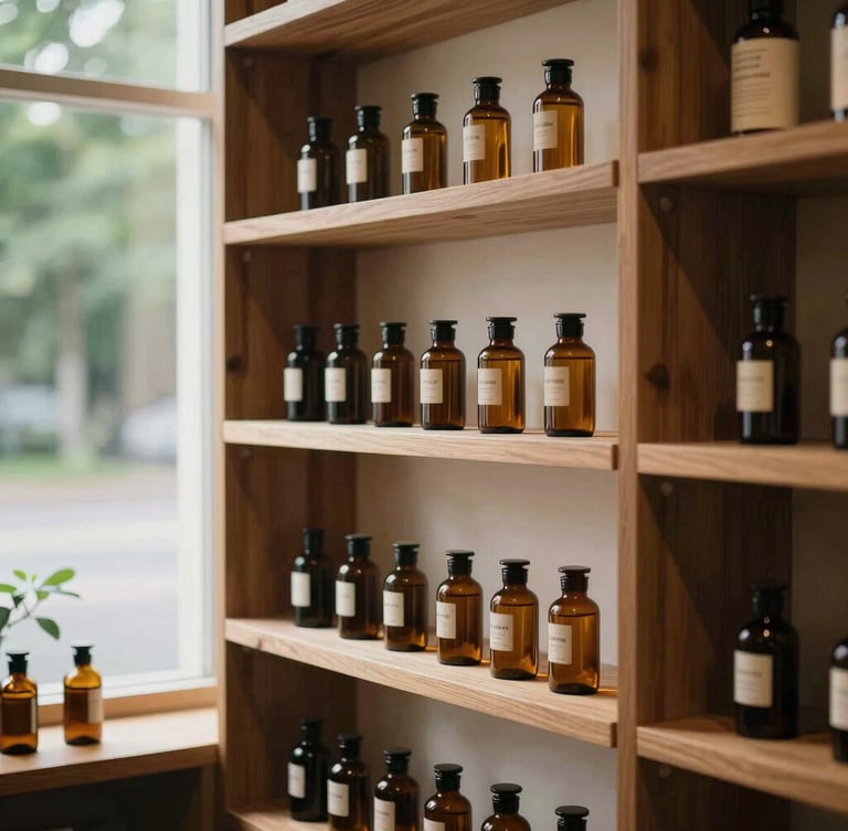 A medium environmental shot of the sunlit Zizo Budz showroom, showing warm walnut wood shelves holding minimalist amber glass tincture bottles, soft window light, 35mm