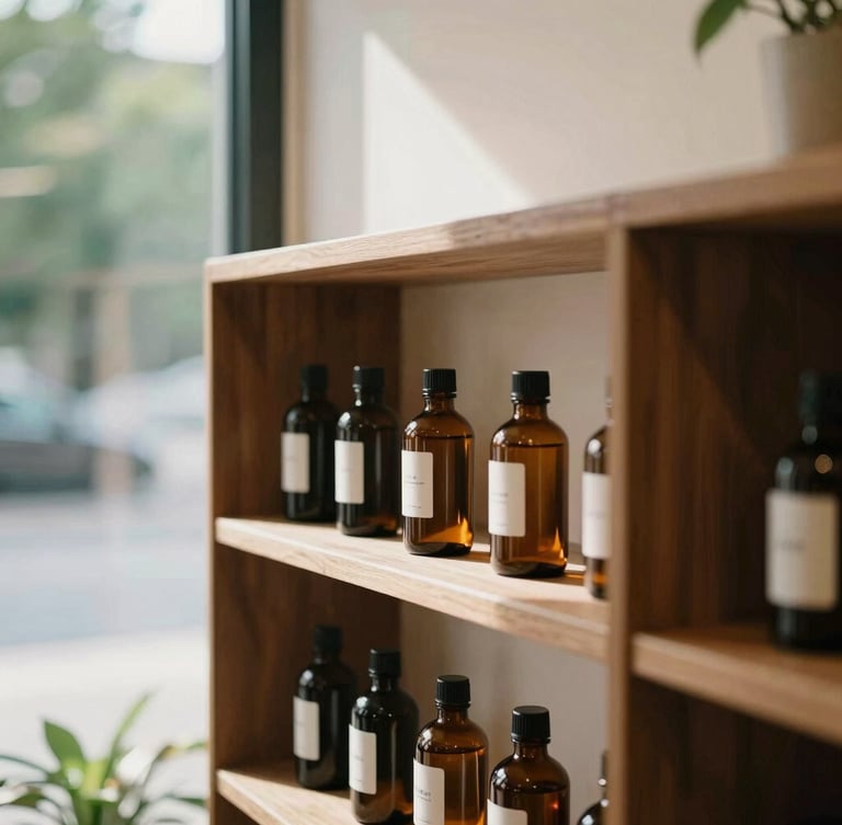 Warm, sunlit interior shot of the Zizo Budz showroom, featuring mid-century modern walnut shelving and minimalist amber glass bottles, shallow depth of field, 35mm