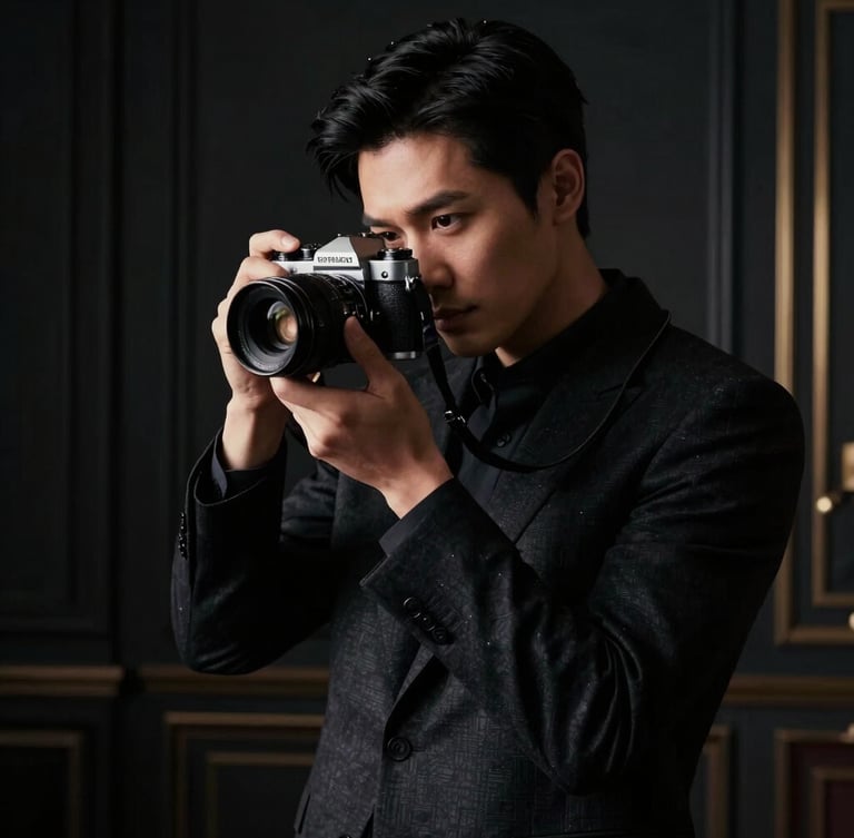 Low-key dramatic portrait of a professional photographer, elegant dark attire, holding a vintage camera, rich shadows, 35mm lens style, upscale dark interior background.