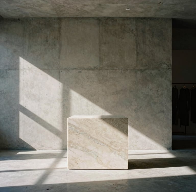 Dramatic low angle shot of a minimalist concrete fashion atelier interior, sharp natural sunlight casting deep shadows across a marble plinth, neutral stone tones, medium format film.