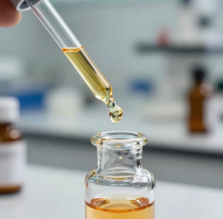 Macro close-up of a precise laboratory pipette dispensing a golden active serum into a clear glass vial, bright clinical lighting with warm gold undertones, clean laboratory environment.