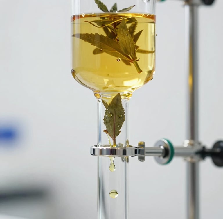 Macro close-up of a glass distillation apparatus extracting pure golden essential oil from fresh herbal leaves. Droplets of oil are visible inside the glass tube. Sterile white laboratory setting, bright clinical lighting with gold highlights.