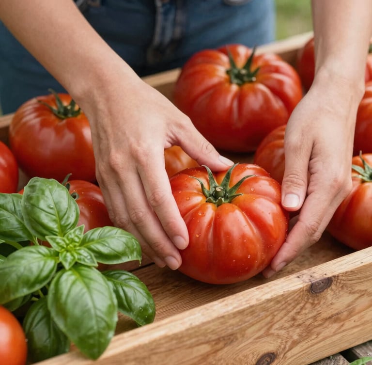 Tight editorial crop of hands arranging organic heirloom tomatoes and fresh basil on a rustic wooden market stand, soft north daylight, rich crimson tones, shallow depth of field