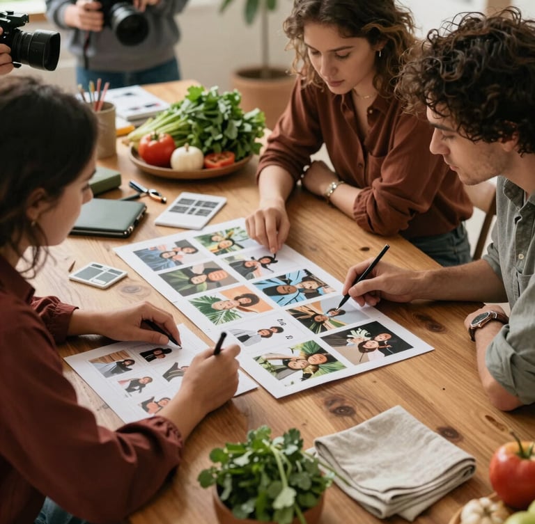 A wide editorial shot of a creative team reviewing social media layouts on a large wooden table, surrounded by cameras, fresh produce, and linen napkins, soft natural lighting.