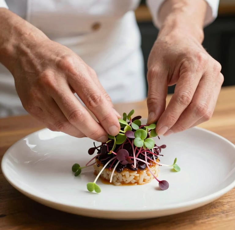 Tight editorial crop of a chef's hands carefully placing microgreens on a beautifully plated dish, warm natural daylight, shallow depth of field.