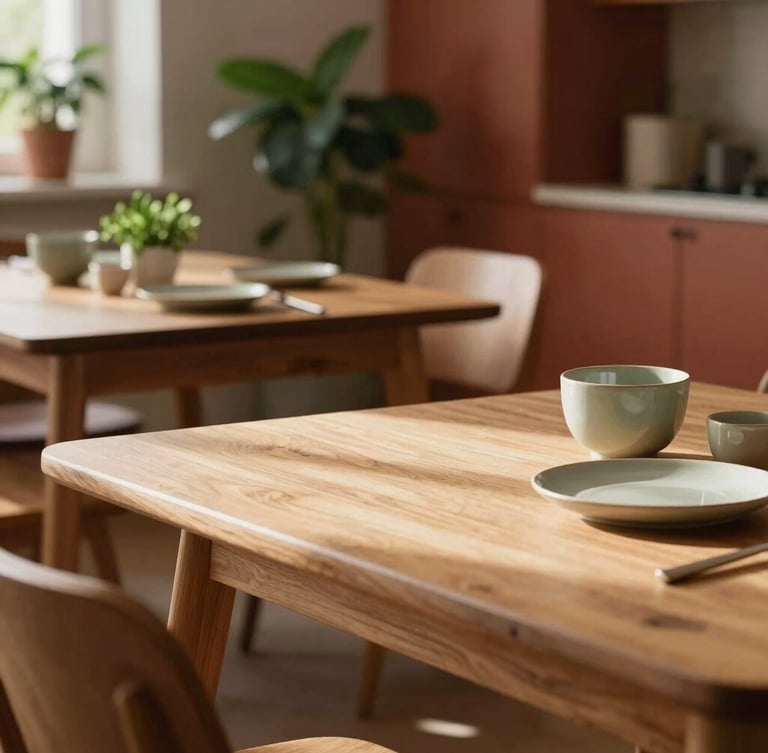 A warm, Scandinavian-style dining room with soft natural daylight casting long shadows on light wood tables, minimalist ceramic tableware, and fresh herbs in the background.