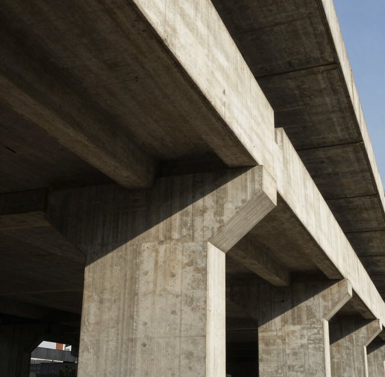 Vista de ángulo bajo de una estructura de hormigón visto con líneas geométricas perfectas, luz solar rasante que resalta la textura rugosa del encofrado y sombras marcadas.