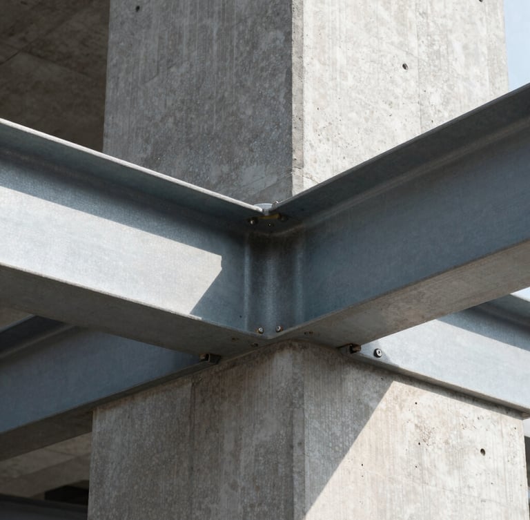 Extreme close-up of a flawless concrete-to-steel junction, sharp natural light casting geometric shadows, technical precision, architectural detail