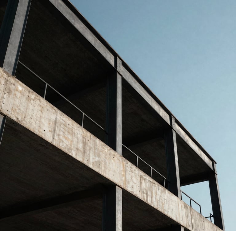 Vista en ángulo contrapicado de una imponente estructura de hormigón visto y vigas de acero negro bajo una luz solar intensa que genera sombras geométricas limpias.
