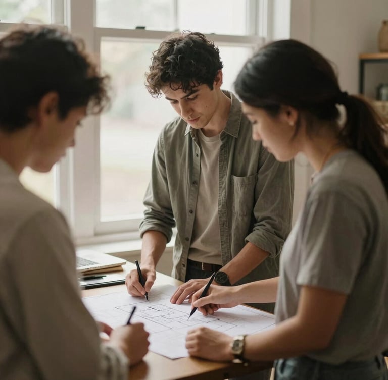 A medium shot of two community organizers collaborating over architectural plans in a sunlit interior, warm window light, muted organic tones, EB Garamond editorial feel.