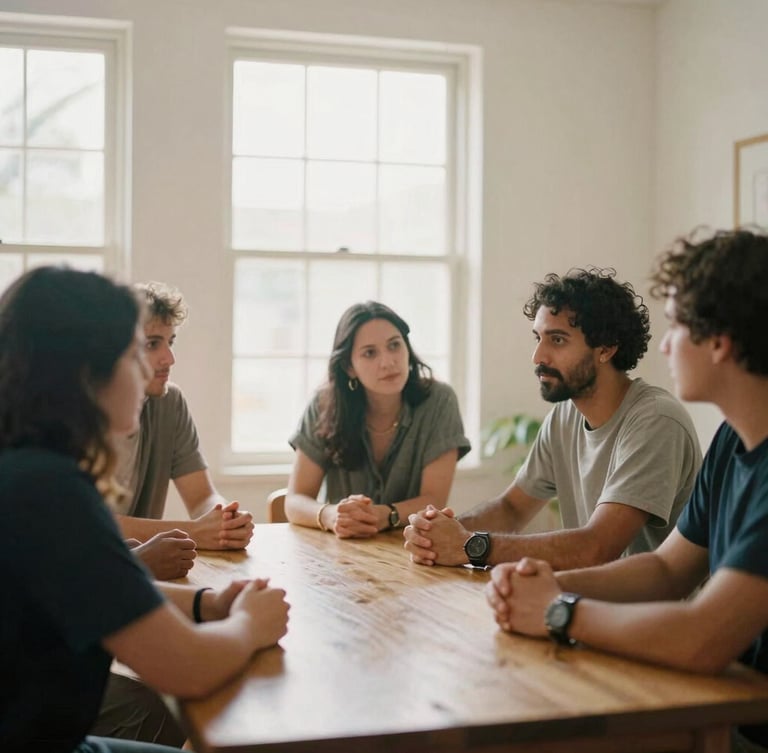 A medium shot of community organizers collaborating around a wooden table in a sunlit room, warm interior window light, focused expressions, muted organic tones, 35mm film aesthetic.