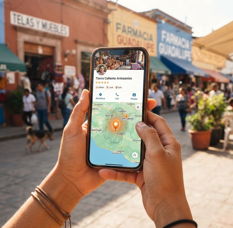 Mobile phone showing DimeDonde app with a business profile page, a map with a glowing orange pin in Tierra Caliente, warm natural sunlight, authentic Mexican street scene in background, shallow depth of field.