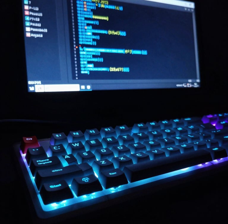Dramatic low-angle macro shot of a glowing mechanical keyboard and a terminal screen running clean code blocks in neon blue, high-contrast, low-key lighting.
