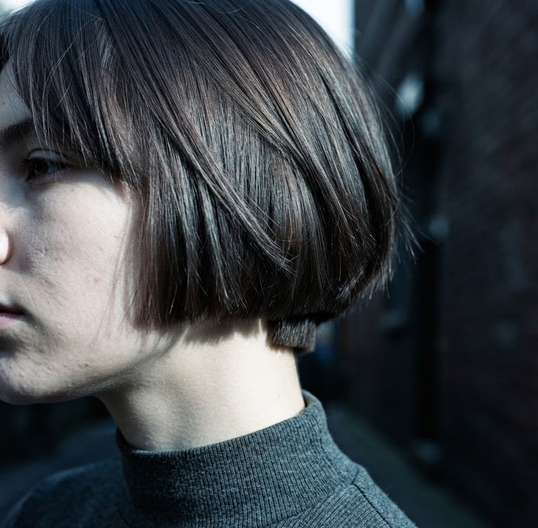 Stark close-up of a sharp geometric bob cut, high-contrast directional daylight, cool desaturated tones, showing hair texture and precise weight removal, 35mm film grain