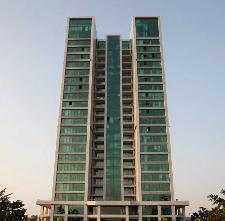 Symmetrical wide-angle architectural exterior of a modern luxury high-rise in Gurgaon under crisp morning light, deep forest green accents, high-end editorial style