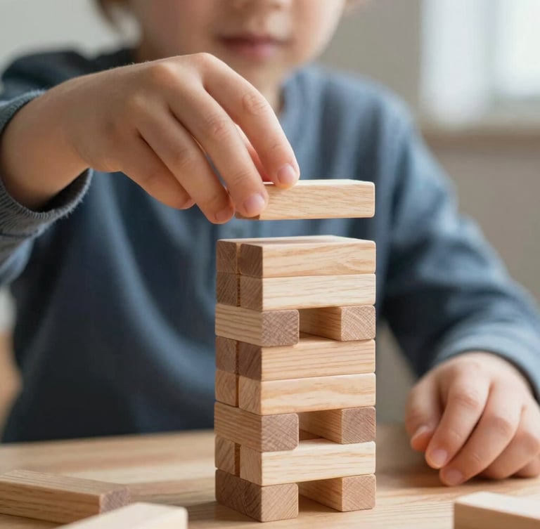 A close-up of a child's hands carefully placing a wooden block onto a small tower, soft natural morning light, warm tones