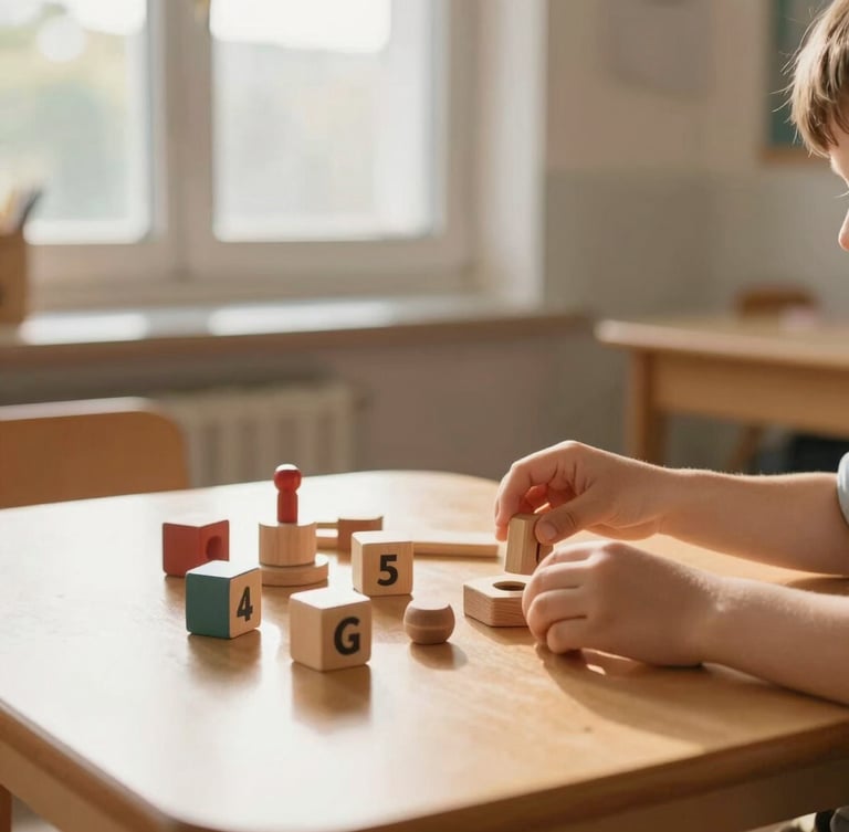A vertical portrait of a bright, sunlit classroom corner. A child's hands are gently arranging wooden toys on a light oak table. Warm morning light streams through a large window, soft focus background, serene atmosphere.