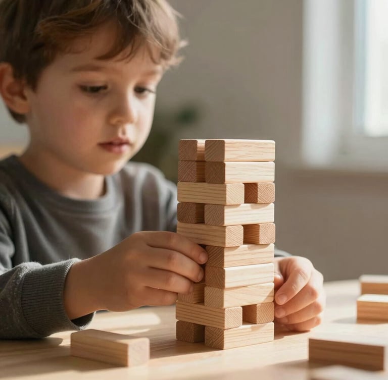 A close-up of a young child focused on stacking natural wooden blocks on a light cream table, soft morning light from a side window, warm tones.