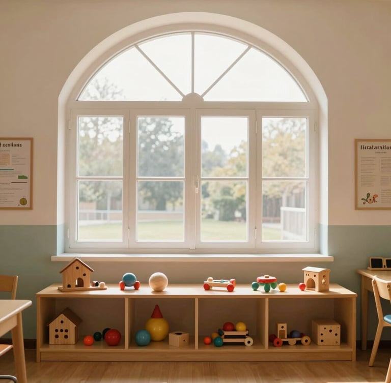 Soft warm morning light shining through a large arched window of a clean, bright Italian preschool classroom, wooden toys arranged neatly on a low shelf, peaceful atmosphere, no people.