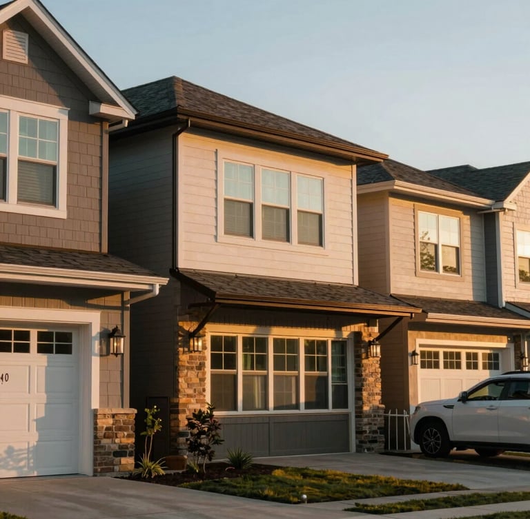 Warm environmental shot of a modern Dallas-Fort Worth residential neighborhood at golden hour, clean lines, soft natural lighting