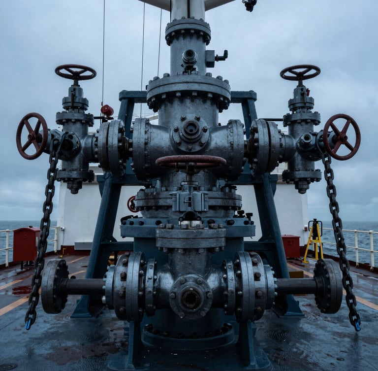 Extreme close-up of industrial maritime machinery on a tanker deck under cold overcast daylight, sharp focus on steel chains and valves, 35mm.
