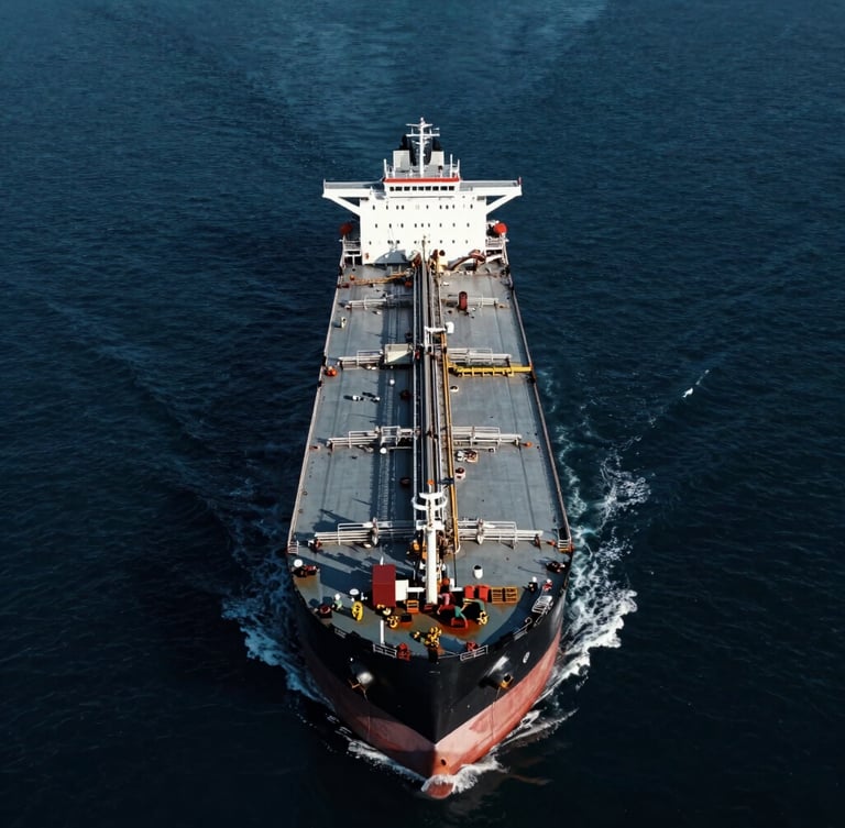 Wide-angle aerial shot of a massive deepwater crude oil tanker navigating open ocean, cold steel-blue tones, low-key dramatic lighting, sharp contrast, 35mm