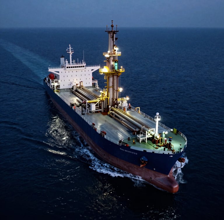 Wide-angle aerial shot of a deepwater oil tanker navigating cold steel-blue waters at dusk, low-key dramatic lighting, sharp industrial highlights, 35mm