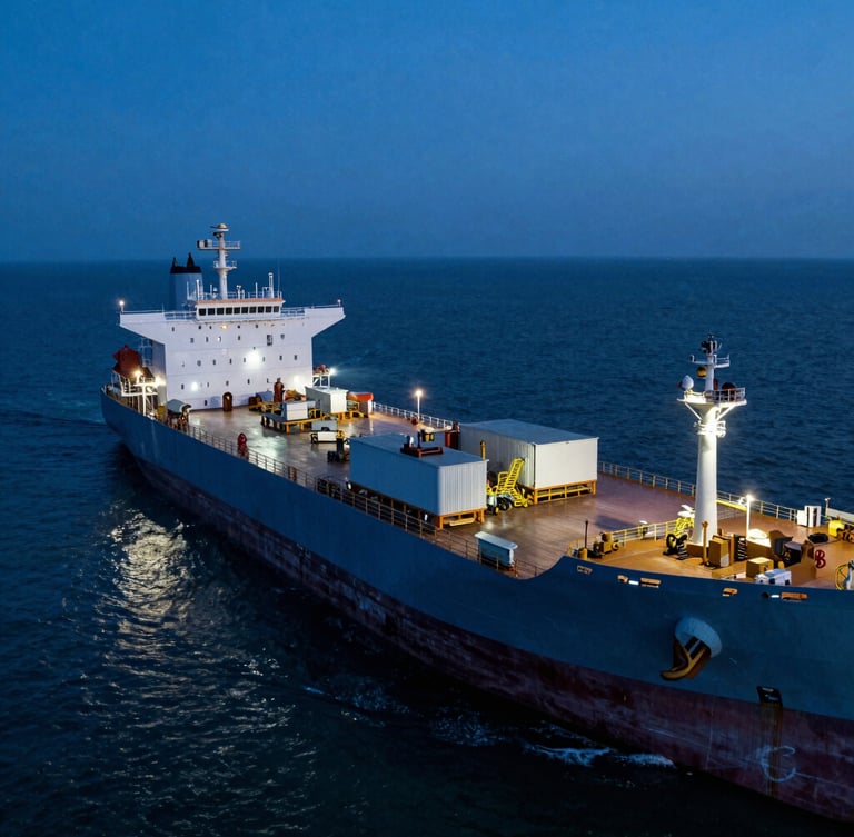 Wide-angle aerial infrastructure shot of a deepwater tanker terminal at dusk, cold steel-blue tones, sharp industrial highlights, 35mm
