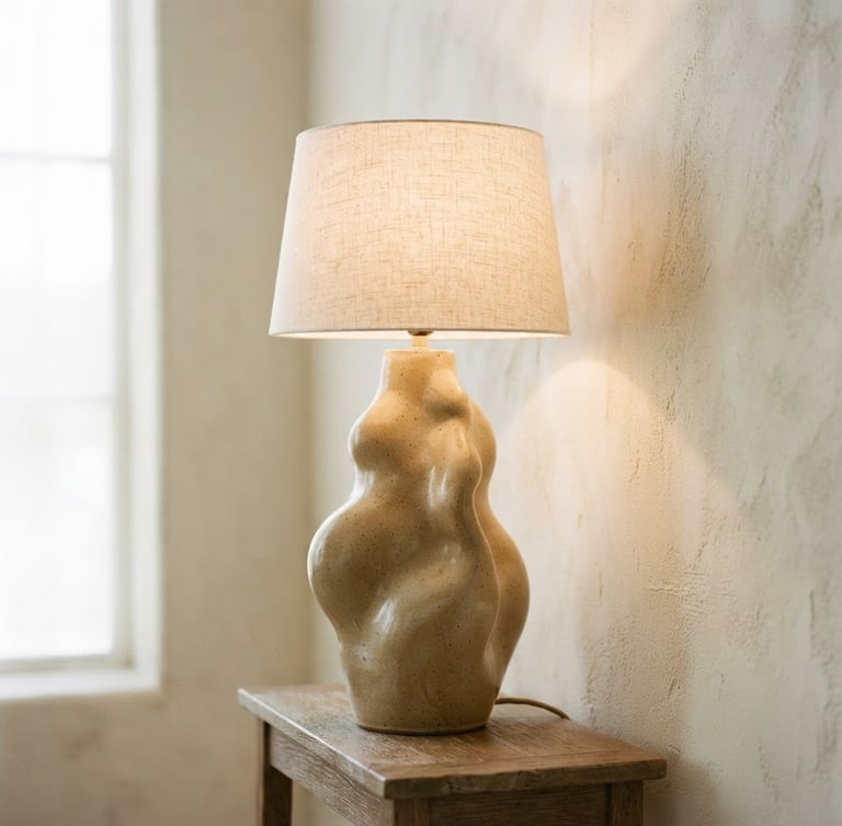 Large portrait photograph of a sculptural ceramic lamp in warm tones, casting soft shadows on a textured cream wall, diffused daylight from a large window, minimalist composition, shallow depth of field, 35mm.