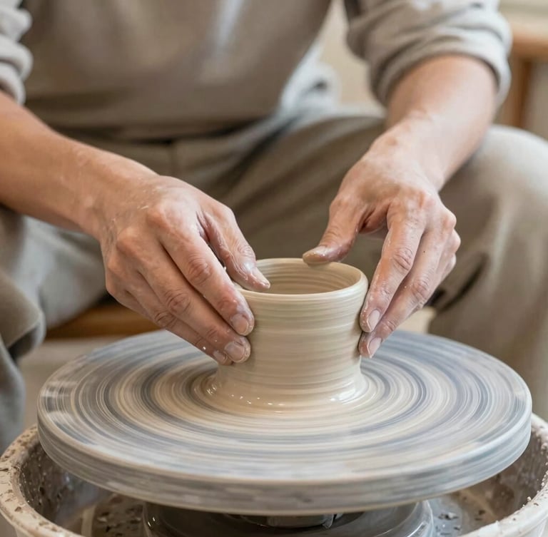 Gros plan sur les mains d'un artisan français façonnant une pièce en céramique sur un tour de potier, lumière douce et naturelle, texture de l'argile visible, ambiance artisanale et concentrée, 35mm, portrait