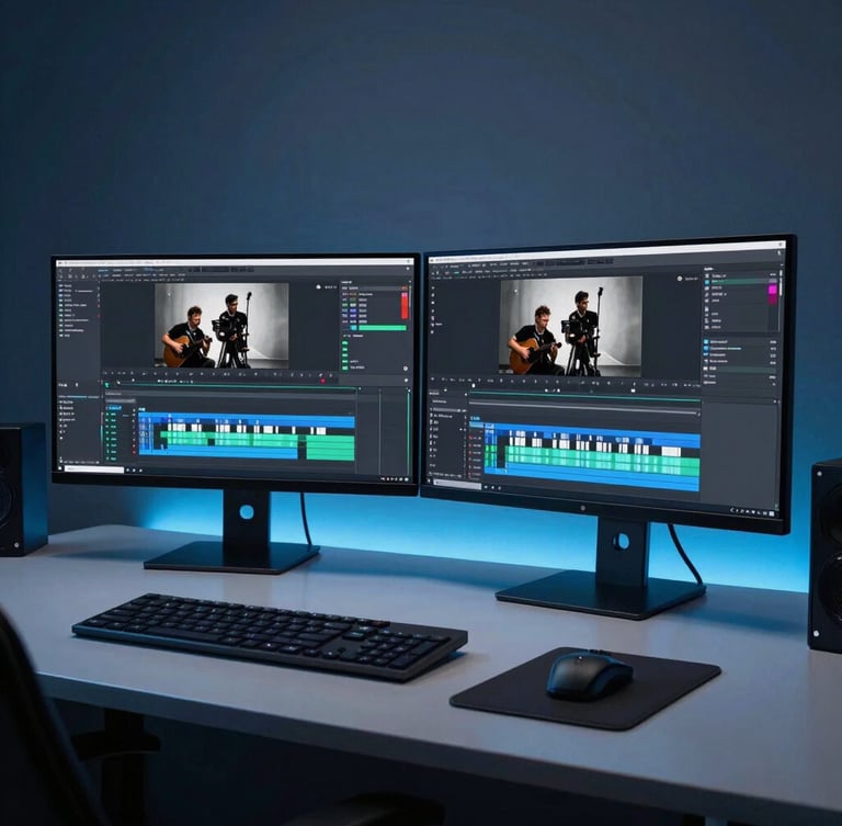 Sleek low-key tech studio setup, dual monitors showing video editing timeline and graphic design software, electric blue neon ambient lighting, 35mm photography