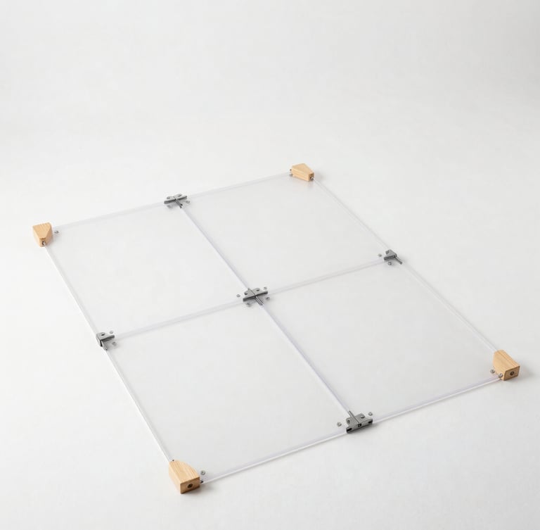 Overhead flat-lay of unassembled modular transparent playpen panels, steel connectors, and clean-sanded wooden joints on a bright white studio floor, sharp focus, crisp neutral lighting, 50mm lens