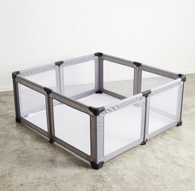Overhead flat-laid unassembled modular playpen components on a clean concrete floor, bright studio lighting, soft shadows