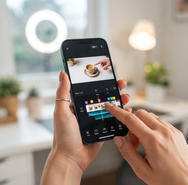 POV close-up of a hand holding a smartphone, a clean video editing interface showing a product review on screen, bright ring light reflection in the background