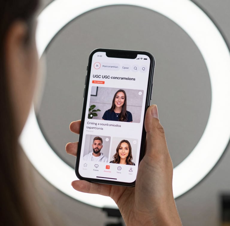 Over-the-shoulder view of a smartphone screen showing a high-converting UGC video ad, bright studio lighting, shallow depth of field.