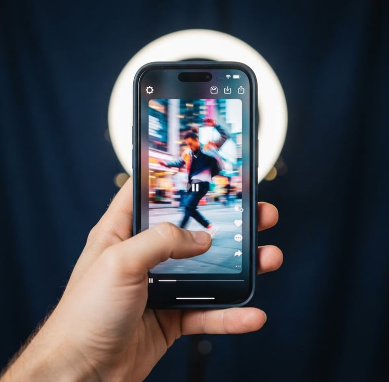 First-person perspective of a hand holding a smartphone displaying a dynamic vertical video with editing UI overlays, bright ring-light illumination, deep navy background.